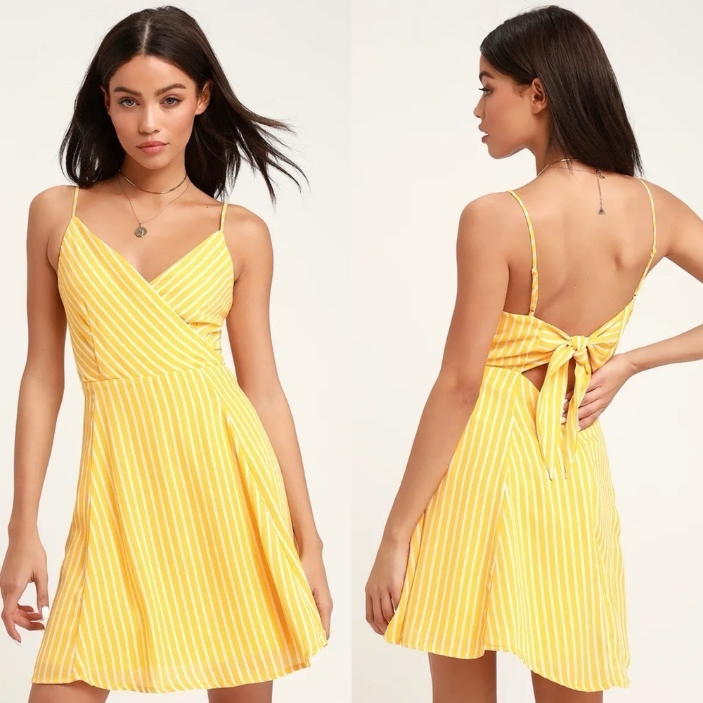 Lulus Jaylaβ Striped Tie-Back Skater Dress in Yellow Size Extra Small